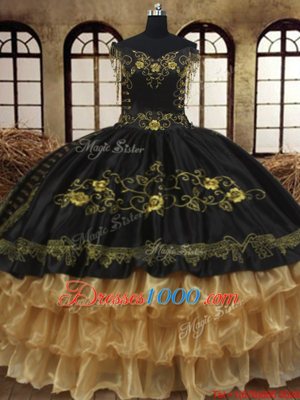 Black Off The Shoulder Neckline Beading and Embroidery and Ruffled Layers Quinceanera Dresses Sleeveless Lace Up