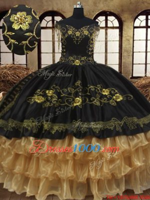 Black Off The Shoulder Neckline Beading and Embroidery and Ruffled Layers Quinceanera Dresses Sleeveless Lace Up