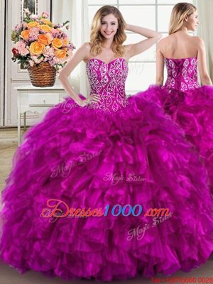 Custom Fit Fuchsia Ball Gowns Beading and Ruffles Quinceanera Gown Lace Up Organza Sleeveless