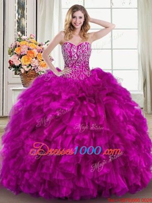 Custom Fit Fuchsia Ball Gowns Beading and Ruffles Quinceanera Gown Lace Up Organza Sleeveless