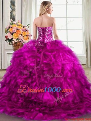 Custom Fit Fuchsia Ball Gowns Beading and Ruffles Quinceanera Gown Lace Up Organza Sleeveless