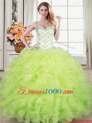 Perfect Yellow Green Organza Lace Up Straps Sleeveless Floor Length Quinceanera Gowns Beading and Lace and Ruffles