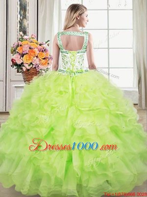 Perfect Yellow Green Organza Lace Up Straps Sleeveless Floor Length Quinceanera Gowns Beading and Lace and Ruffles