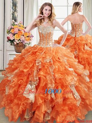 Decent Orange Ball Gowns Organza Sweetheart Sleeveless Beading and Ruffles and Sequins Floor Length Lace Up Sweet 16 Dresses