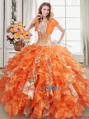 Decent Orange Ball Gowns Organza Sweetheart Sleeveless Beading and Ruffles and Sequins Floor Length Lace Up Sweet 16 Dresses