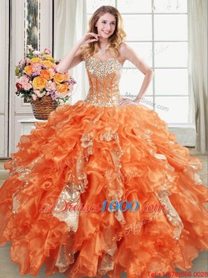 Decent Orange Ball Gowns Organza Sweetheart Sleeveless Beading and Ruffles and Sequins Floor Length Lace Up Sweet 16 Dresses