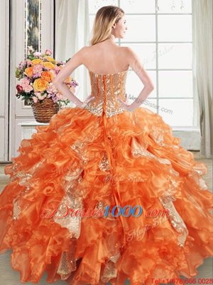 Decent Orange Ball Gowns Organza Sweetheart Sleeveless Beading and Ruffles and Sequins Floor Length Lace Up Sweet 16 Dresses