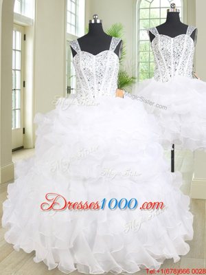 Three Piece Straps Straps Sleeveless Organza Floor Length Lace Up 15 Quinceanera Dress in White for with Beading and Ruffles