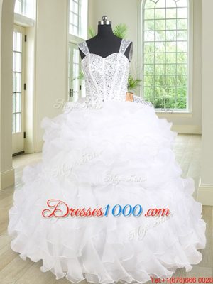 Three Piece Straps Straps Sleeveless Organza Floor Length Lace Up 15 Quinceanera Dress in White for with Beading and Ruffles