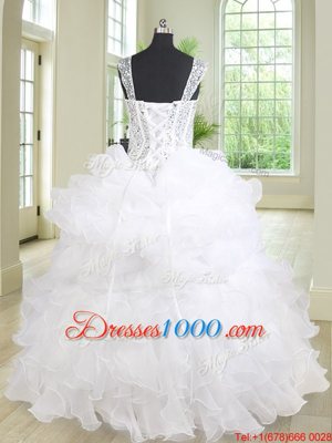 Three Piece Straps Straps Sleeveless Organza Floor Length Lace Up 15 Quinceanera Dress in White for with Beading and Ruffles