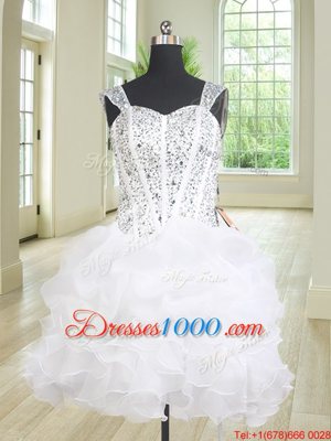Three Piece Straps Straps Sleeveless Organza Floor Length Lace Up 15 Quinceanera Dress in White for with Beading and Ruffles