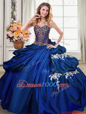 Sleeveless Taffeta Floor Length Lace Up Quince Ball Gowns in Royal Blue for with Beading and Appliques and Pick Ups