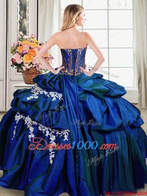 Sleeveless Taffeta Floor Length Lace Up Quince Ball Gowns in Royal Blue for with Beading and Appliques and Pick Ups