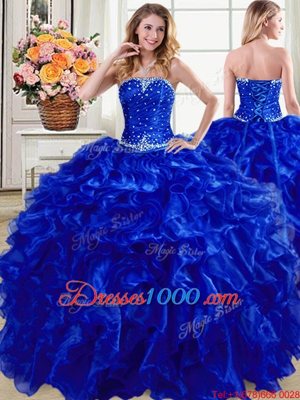 Royal Blue Lace Up Quince Ball Gowns Beading and Ruffles Sleeveless Floor Length