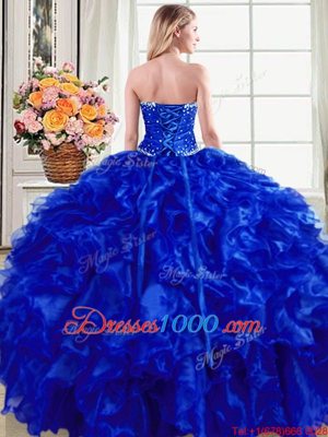 Royal Blue Lace Up Quince Ball Gowns Beading and Ruffles Sleeveless Floor Length