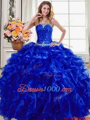 Royal Blue Lace Up Quince Ball Gowns Beading and Ruffles Sleeveless Floor Length