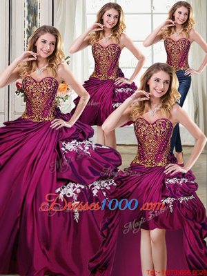 Lovely Four Piece Pick Ups Ball Gowns Sweet 16 Dress Burgundy Sweetheart Taffeta Sleeveless Floor Length Lace Up