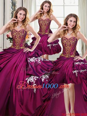 Lovely Four Piece Pick Ups Ball Gowns Sweet 16 Dress Burgundy Sweetheart Taffeta Sleeveless Floor Length Lace Up