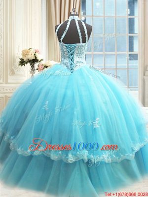 Custom Designed Halter Top Sleeveless Lace Up Quinceanera Dress Aqua Blue Tulle