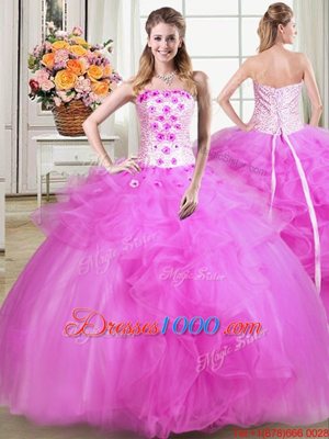 Floor Length Fuchsia Vestidos de Quinceanera Tulle Sleeveless Beading and Appliques and Embroidery