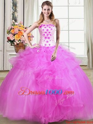 Floor Length Fuchsia Vestidos de Quinceanera Tulle Sleeveless Beading and Appliques and Embroidery