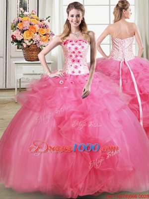 Three Piece Hot Pink Strapless Lace Up Beading and Appliques and Ruffles Sweet 16 Dresses Sleeveless