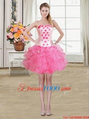 Three Piece Hot Pink Strapless Lace Up Beading and Appliques and Ruffles Sweet 16 Dresses Sleeveless