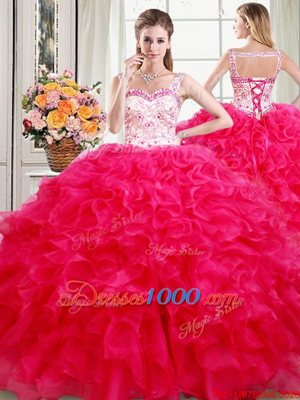 Straps Straps Sleeveless Organza Floor Length Lace Up Quinceanera Gowns in Hot Pink for with Beading and Ruffles