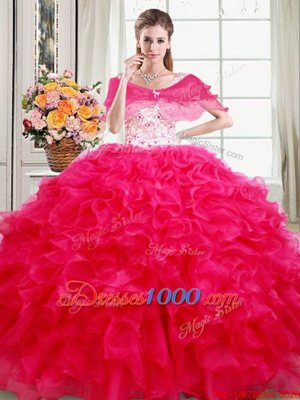 Straps Straps Sleeveless Organza Floor Length Lace Up Quinceanera Gowns in Hot Pink for with Beading and Ruffles