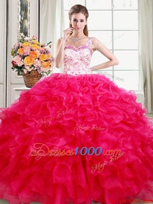 Straps Straps Sleeveless Organza Floor Length Lace Up Quinceanera Gowns in Hot Pink for with Beading and Ruffles