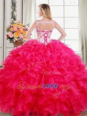 Straps Straps Sleeveless Organza Floor Length Lace Up Quinceanera Gowns in Hot Pink for with Beading and Ruffles