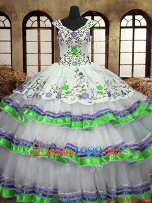 Straps Sleeveless Organza and Taffeta 15th Birthday Dress Embroidery and Ruffled Layers Lace Up