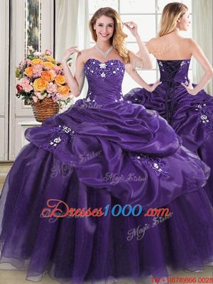 Amazing Floor Length Lace Up Quinceanera Dress Purple and In for Military Ball and Sweet 16 and Quinceanera with Appliques and Pick Ups