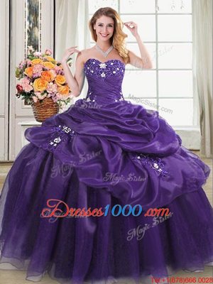 Amazing Floor Length Lace Up Quinceanera Dress Purple and In for Military Ball and Sweet 16 and Quinceanera with Appliques and Pick Ups