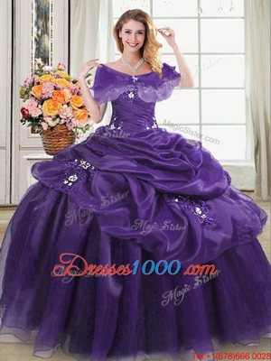 Amazing Floor Length Lace Up Quinceanera Dress Purple and In for Military Ball and Sweet 16 and Quinceanera with Appliques and Pick Ups