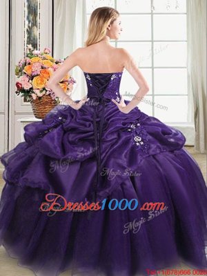 Amazing Floor Length Lace Up Quinceanera Dress Purple and In for Military Ball and Sweet 16 and Quinceanera with Appliques and Pick Ups