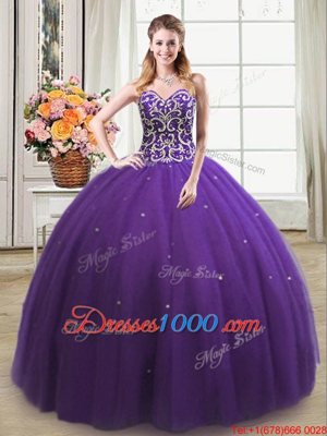 Exceptional Floor Length Lace Up Quinceanera Dresses Purple and In for Military Ball and Sweet 16 and Quinceanera with Beading