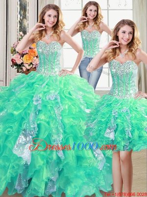 Three Piece Sequins Floor Length Turquoise Sweet 16 Dress Sweetheart Sleeveless Lace Up