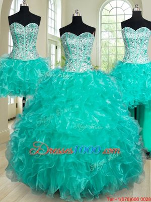 Four Piece Turquoise Sleeveless Floor Length Beading and Ruffles Lace Up Ball Gown Prom Dress