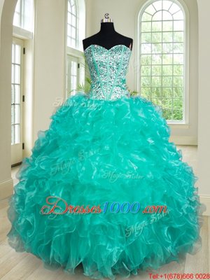 Four Piece Turquoise Sleeveless Floor Length Beading and Ruffles Lace Up Ball Gown Prom Dress