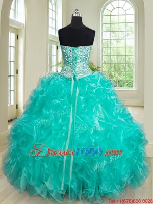 Four Piece Turquoise Sleeveless Floor Length Beading and Ruffles Lace Up Ball Gown Prom Dress