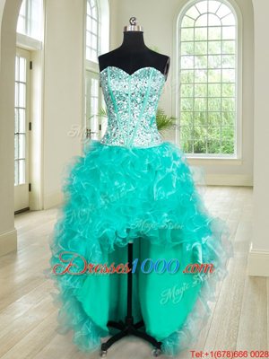 Four Piece Turquoise Sleeveless Floor Length Beading and Ruffles Lace Up Ball Gown Prom Dress