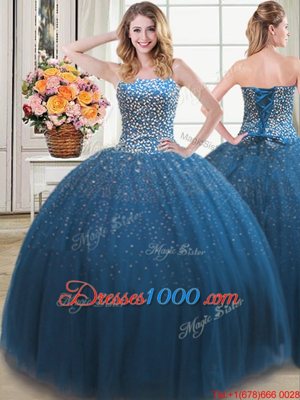 Charming Teal Lace Up Quinceanera Dress Beading Sleeveless Floor Length