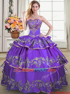 Floor Length Eggplant Purple Ball Gown Prom Dress Taffeta Sleeveless Beading and Embroidery and Ruffled Layers