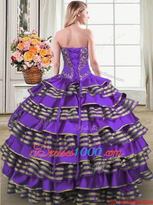 Floor Length Eggplant Purple Ball Gown Prom Dress Taffeta Sleeveless Beading and Embroidery and Ruffled Layers