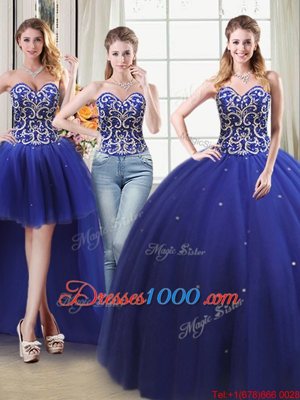 Designer Four Piece Floor Length Ball Gowns Sleeveless Royal Blue Sweet 16 Quinceanera Dress Lace Up