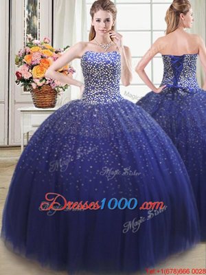 Royal Blue Lace Up Sweetheart Beading Quinceanera Gown Tulle Sleeveless