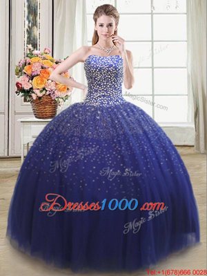 Royal Blue Lace Up Sweetheart Beading Quinceanera Gown Tulle Sleeveless