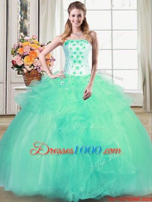 Fashion Turquoise Lace Up Strapless Beading and Appliques and Ruffles Quince Ball Gowns Tulle Sleeveless