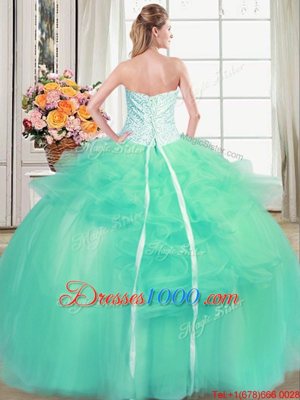 Fashion Turquoise Lace Up Strapless Beading and Appliques and Ruffles Quince Ball Gowns Tulle Sleeveless